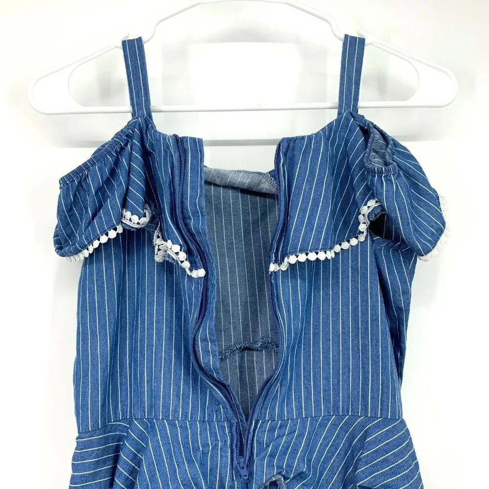 BCBGirls Dress Blue White Stripe Cold Shoulder Ruffle - Picture 10 of 11